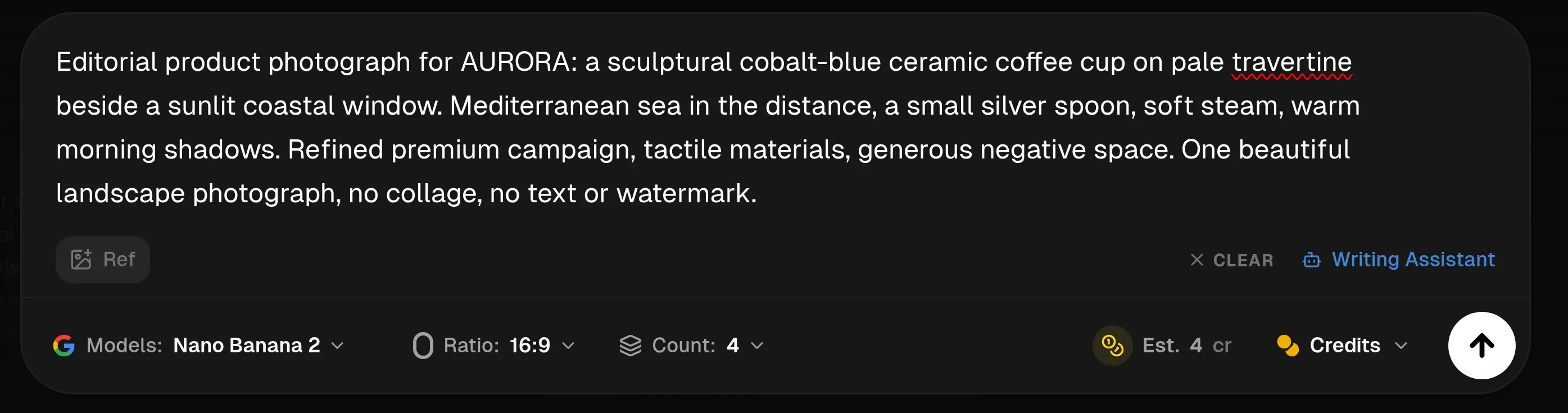 Restored image Prompt Bar with the original Aurora coastal-product prompt, Nano Banana 2, 16:9, Count 4, and a four-credit estimate.