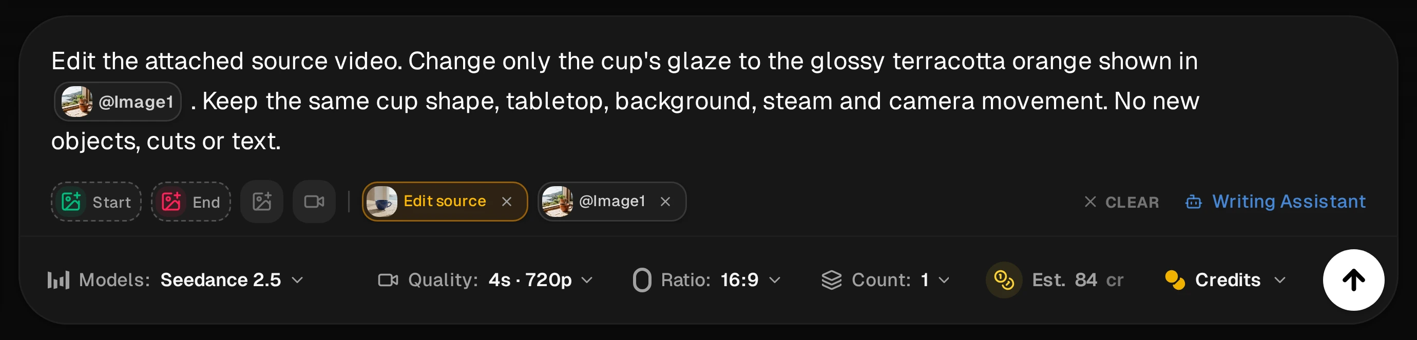 Actual Seedance 2.5 Prompt Bar with a terracotta-glaze edit instruction, inline Image1 mention, Edit source video chip, image-reference chip, and Count 1.