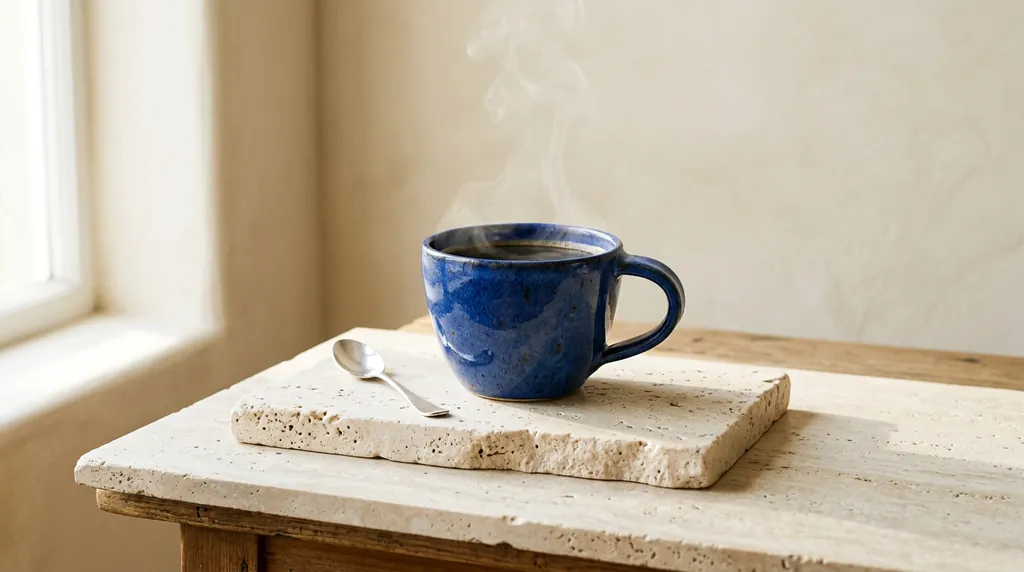 Generated blue ceramic coffee cup and silver spoon on pale travertine in soft morning sunlight.