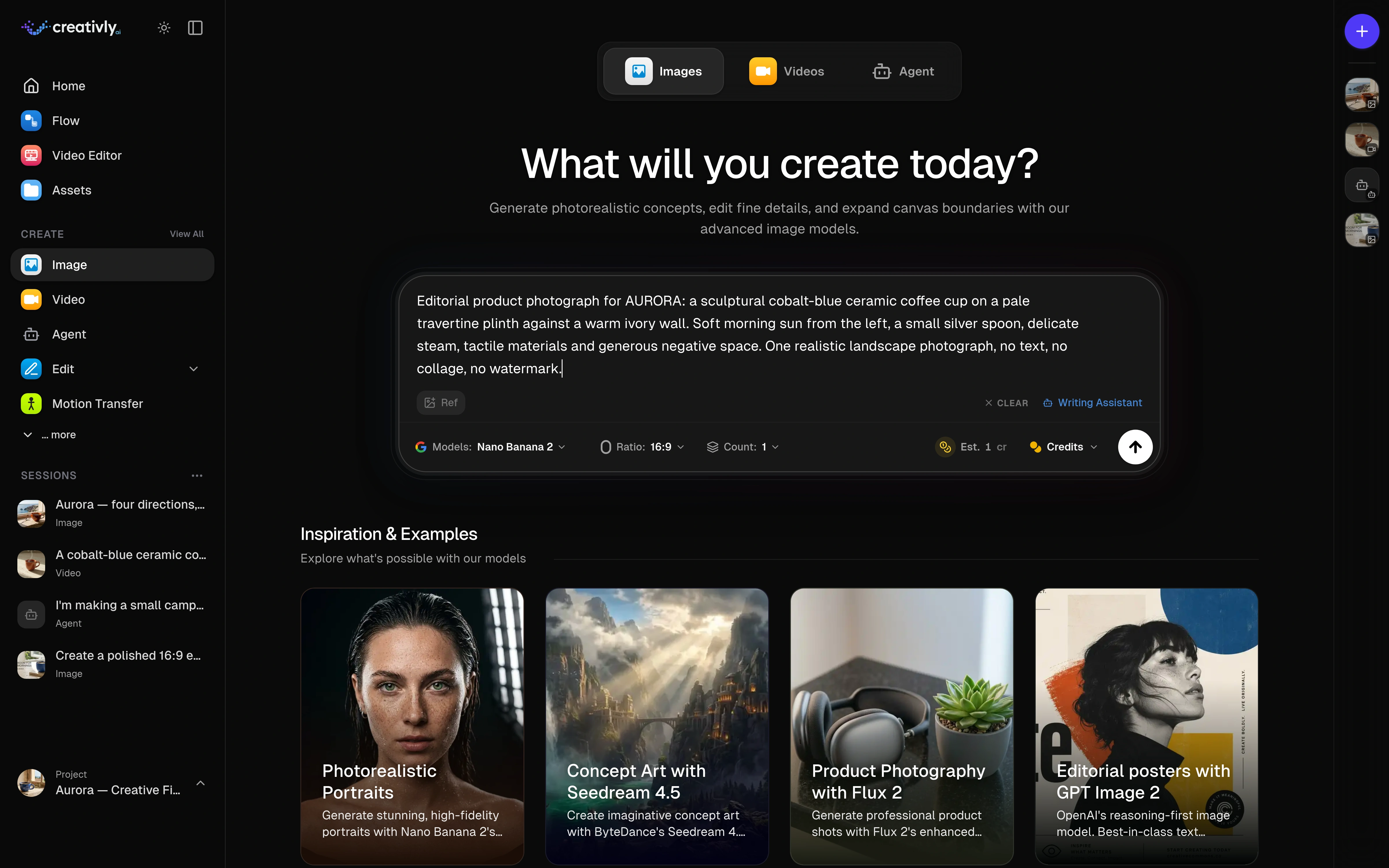 Normal Home Image creation page before generation, with the studio-product prompt, one Nano Banana 2 model, Ratio 16:9, Count 1 and a one-credit estimate.