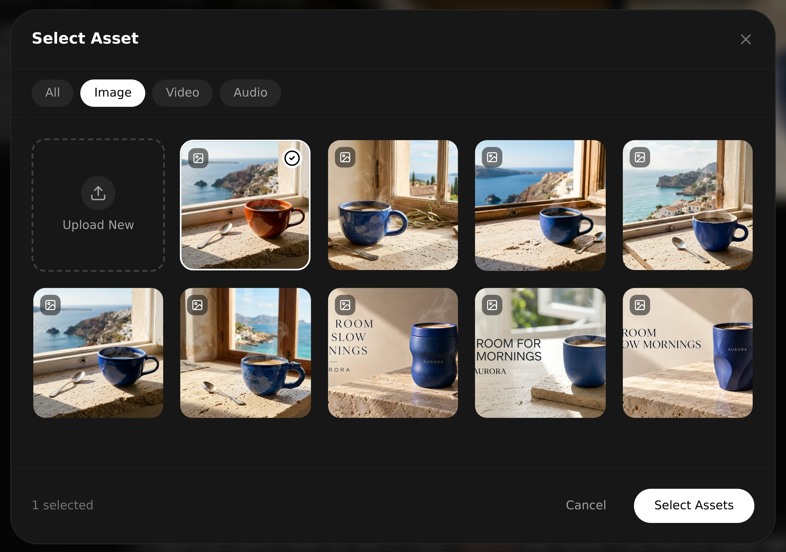 Actual project asset picker with the terracotta-cup reference selected among the campaign images.