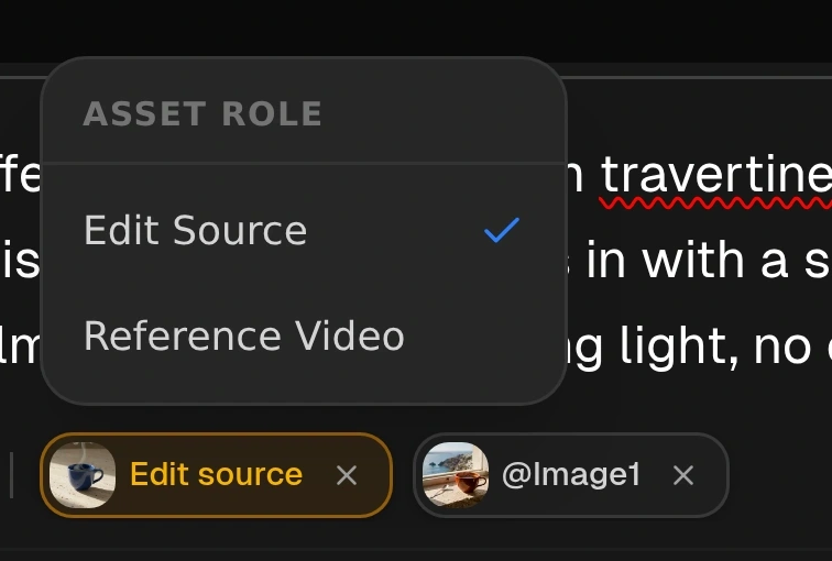 Video chip's Asset Role menu with Edit Source selected, Reference Video as a separate option, and an additional @Image1 chip.