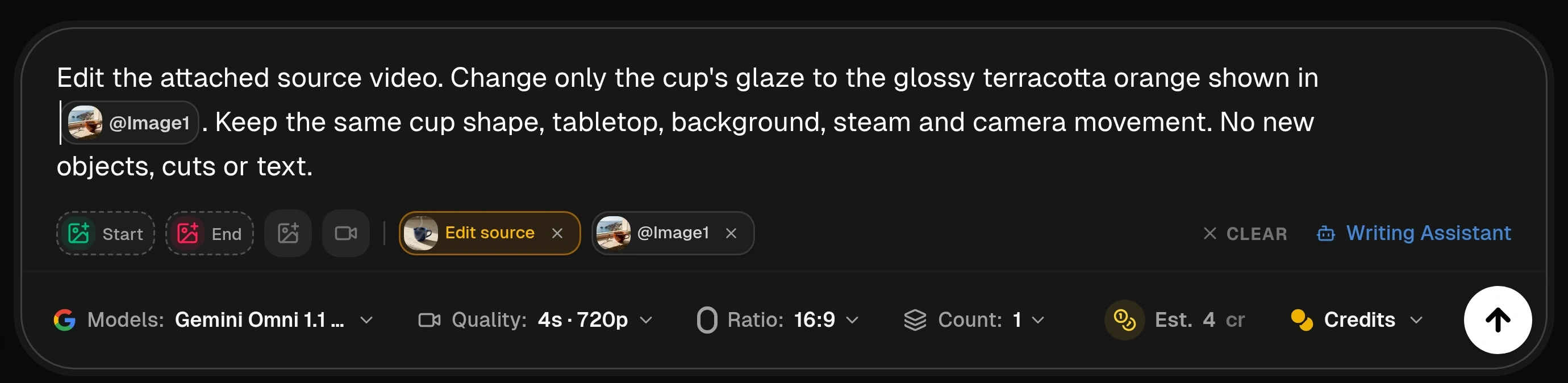 Production Video Prompt Bar containing the edit instruction with an inline @Image1 chip, Edit source and image-reference attachments, Omni Flash 1.1, four seconds, 720p and Count 1.