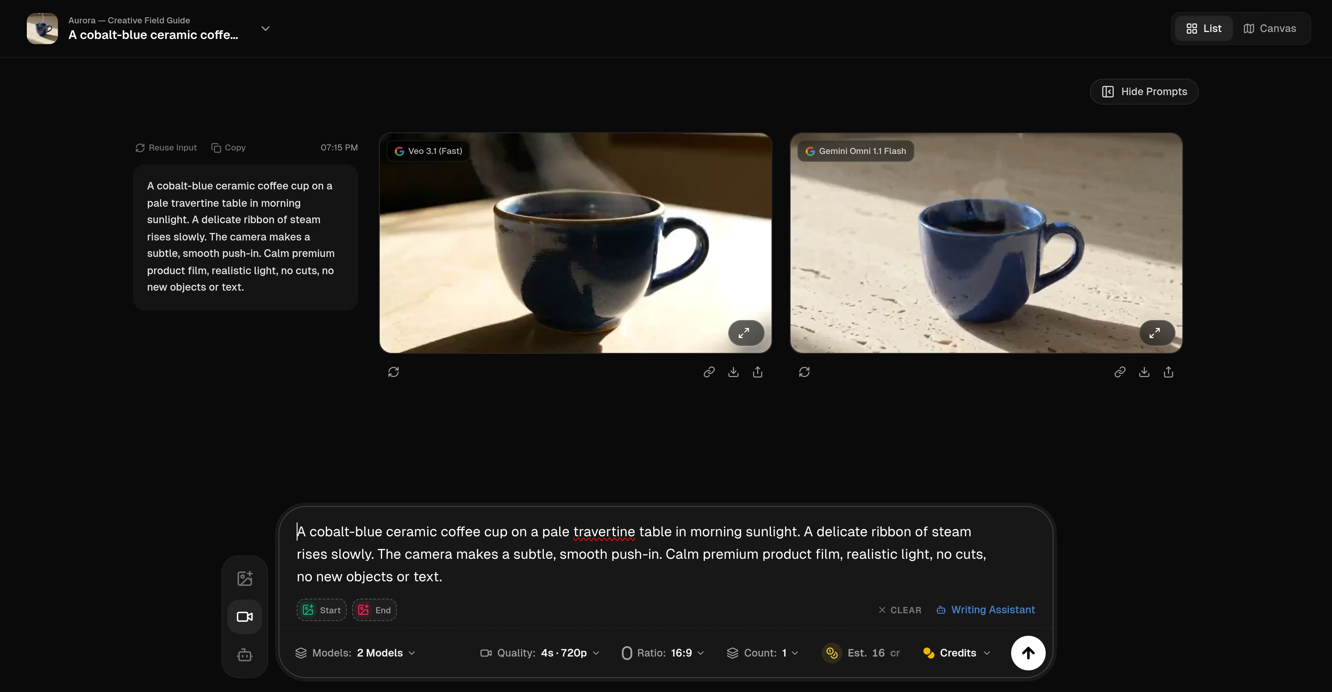 Actual Video session with Veo 3.1 Fast and Gemini Omni 1.1 Flash results side by side.