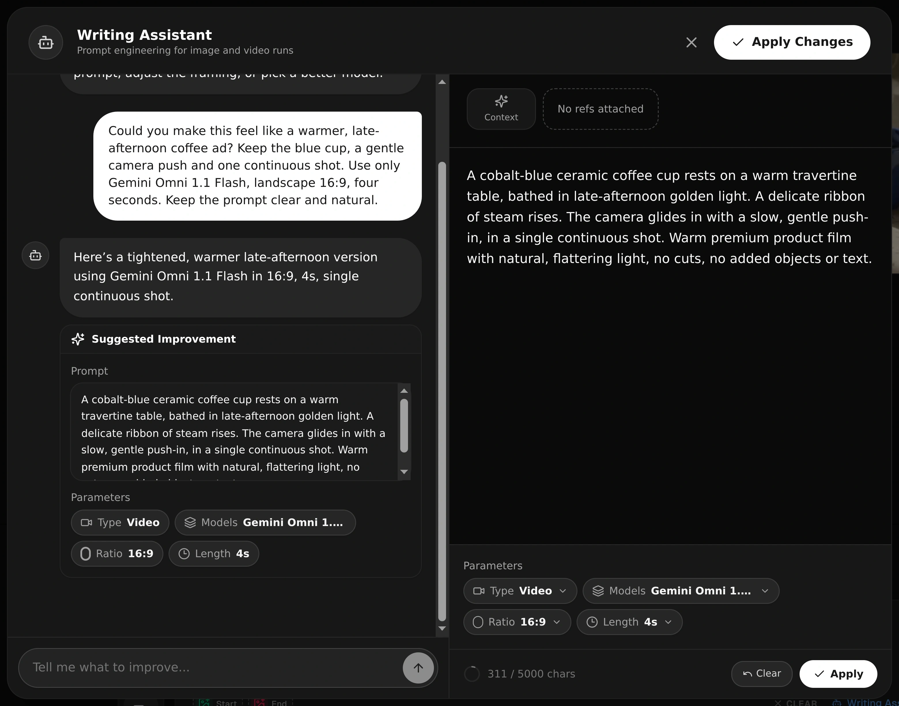 Actual Writing Assistant panel with a natural request for warmer late-afternoon lighting, its suggested improvement, and the updated video prompt with Omni Flash 1.1, 16:9 and four seconds.