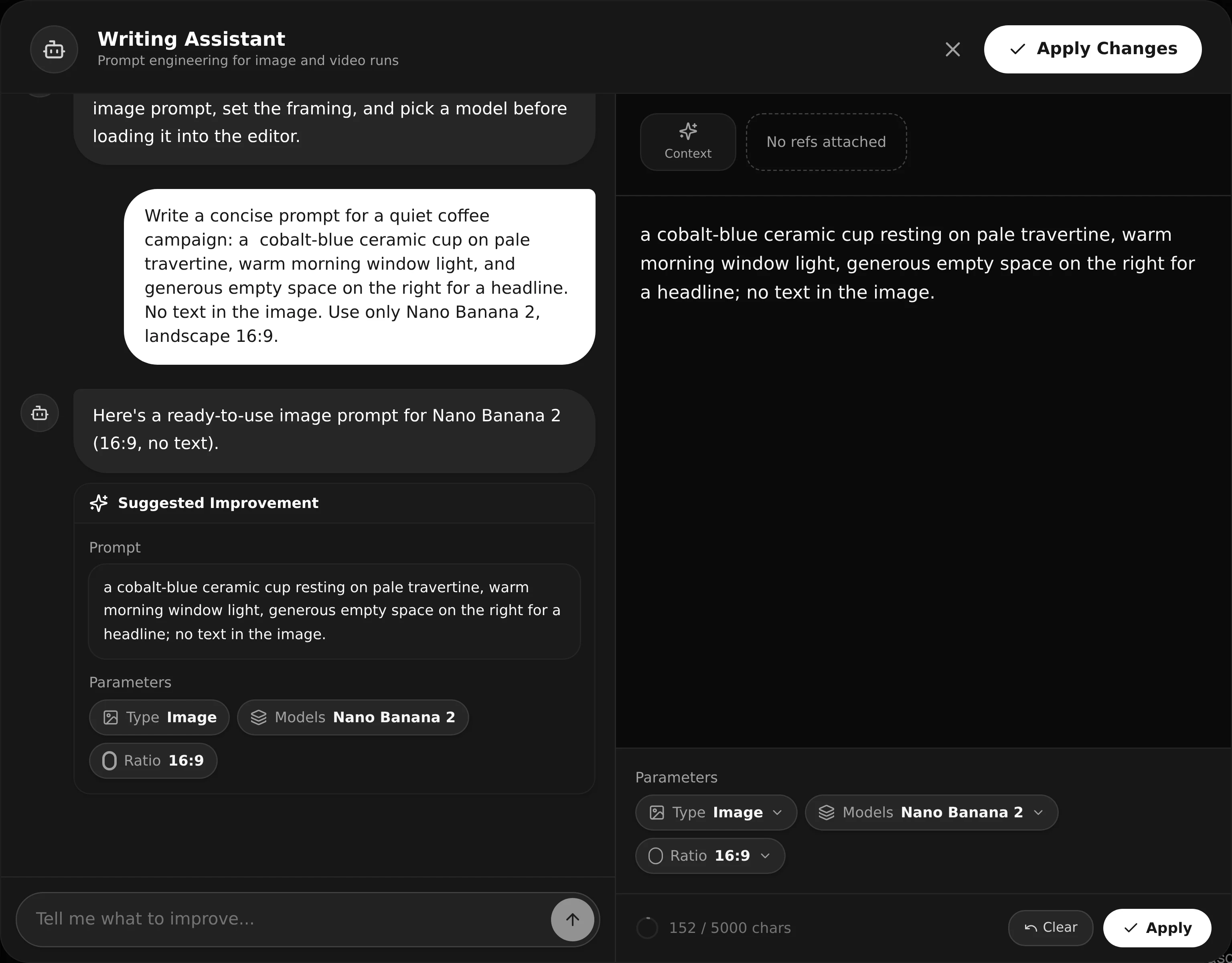 Writing Assistant turning a coffee-campaign idea into an image prompt, with Nano Banana 2 and landscape 16:9 selected.