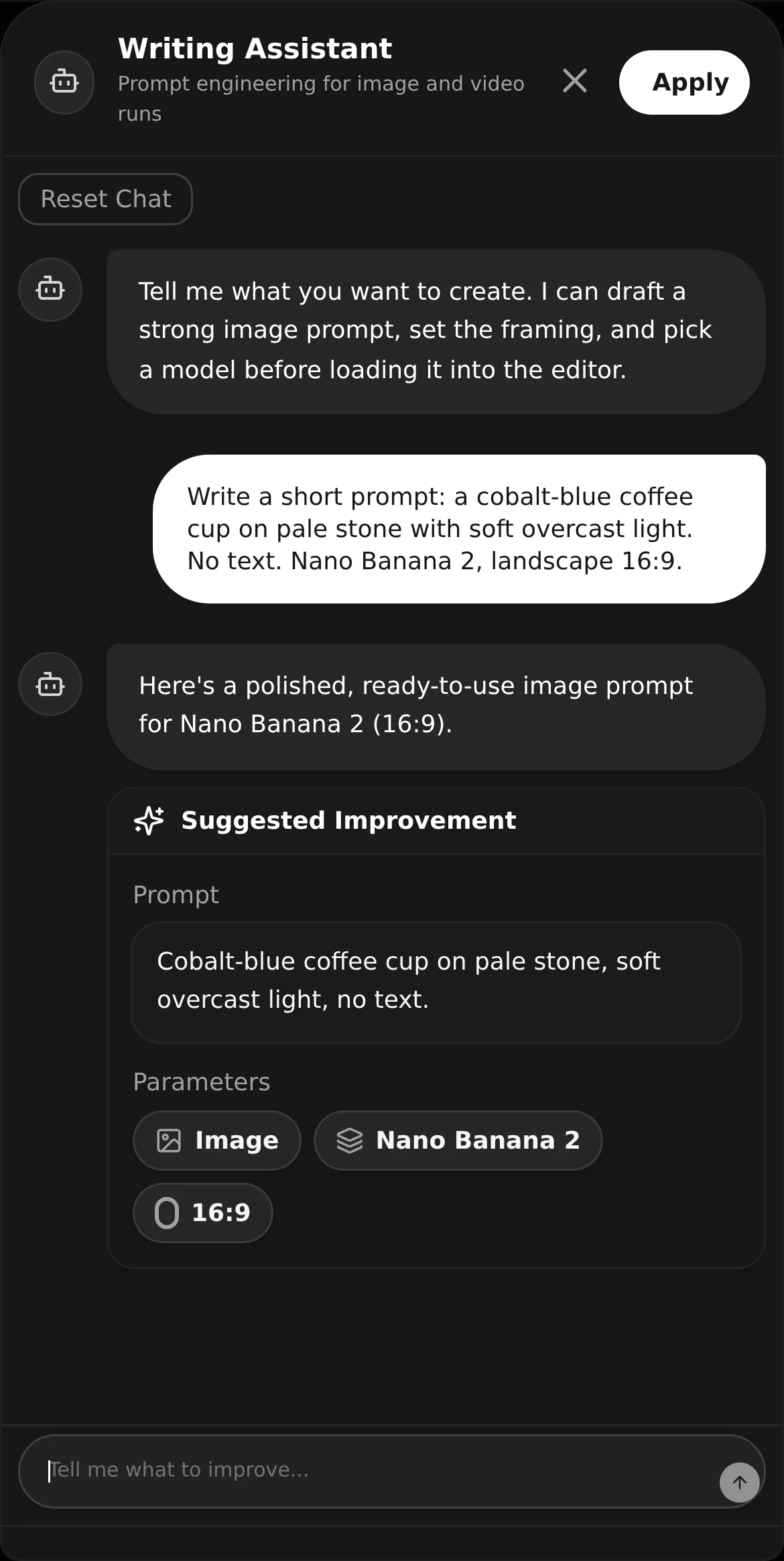 Phone Writing Assistant showing a real suggested image prompt, Nano Banana 2 and 16:9 chips, and the Apply button in the header.