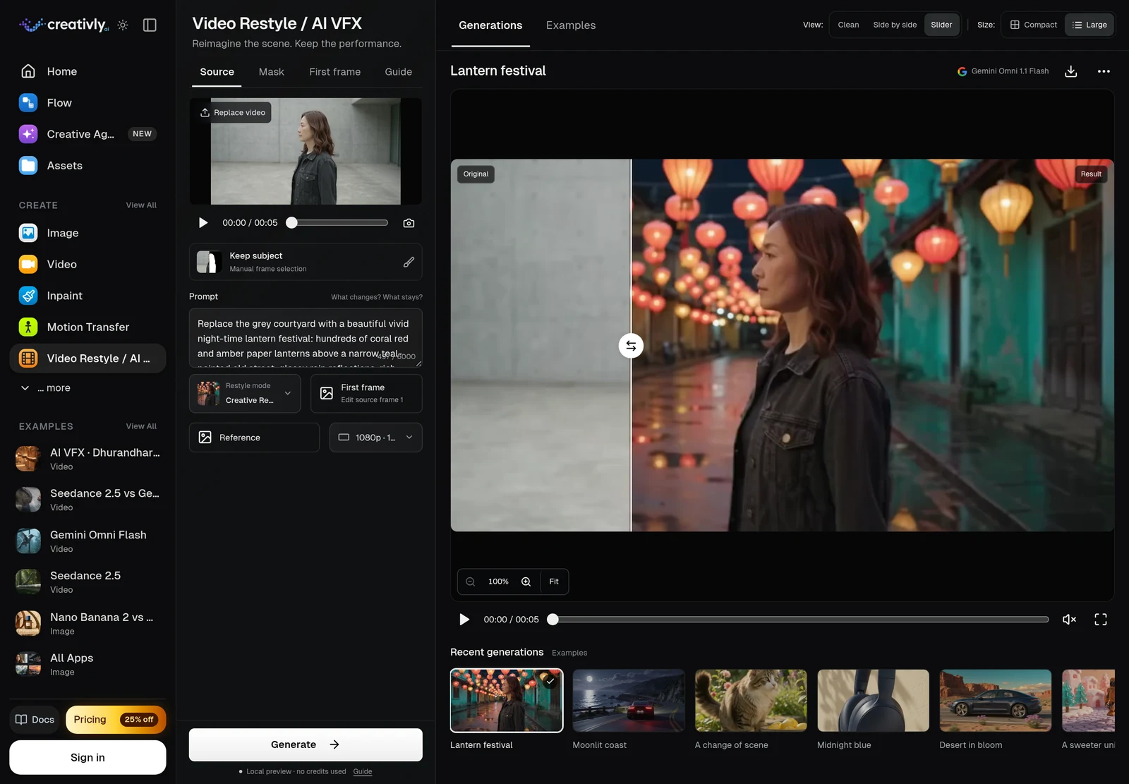 Video Restyle / AI VFX local preview showing a courtyard source and the existing Lantern festival result in Slider view, with Local preview — no credits used beneath Generate.